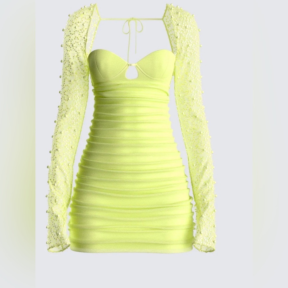 Finesse Lime Green Mesh Mini Dress XS Underwire Beaded Sleeves